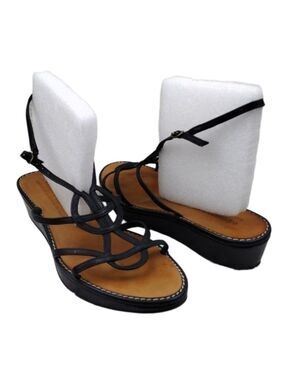 Donald J Pliner Black Leather Upper Open Toe Strappy Wedge Heel Slingback Sandal